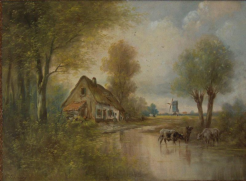 unknow artist Landscape with cows small farm and windmill Germany oil painting art